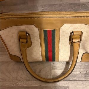 Gucci Tan and Cream Satchel with Red and Green Stripes